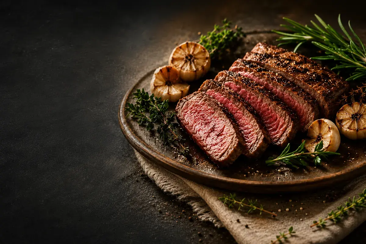 Sliced sous vide beef striploin with roasted garlic and rosemary